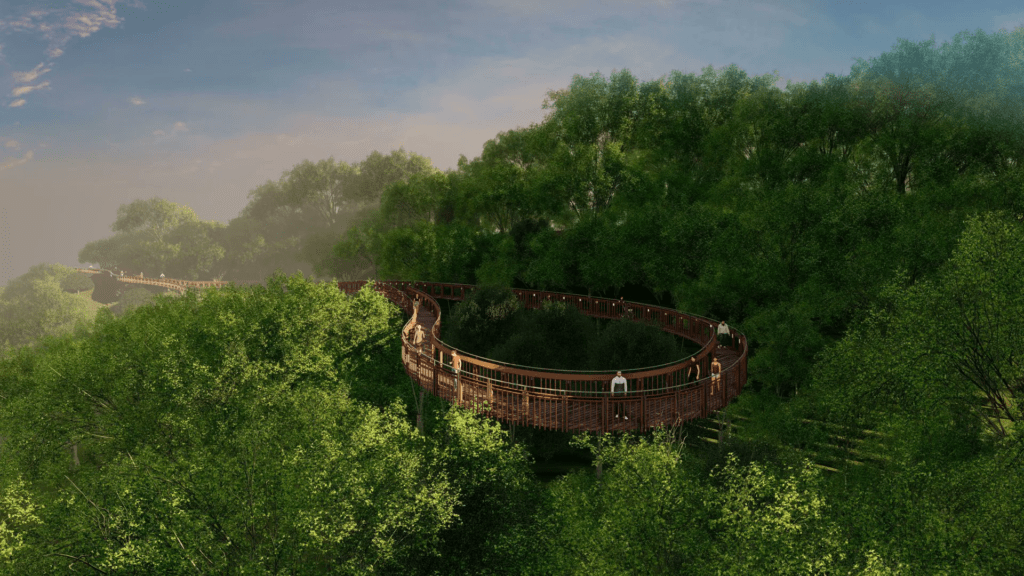 Elevated forest walkway in Mumbai, showcasing views of Malabar Hill forest and the Arabian Sea