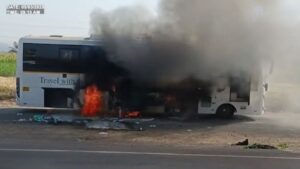 Sleeper coach bus catches fire near Anewadi toll booth on Satara-Pune highway